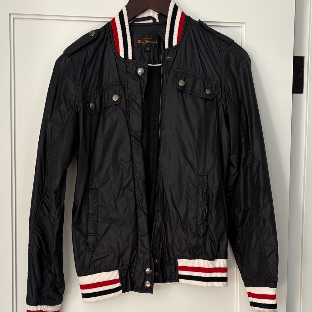 Ben Sherman Navy Bomber Jacket with Red and White Stripes